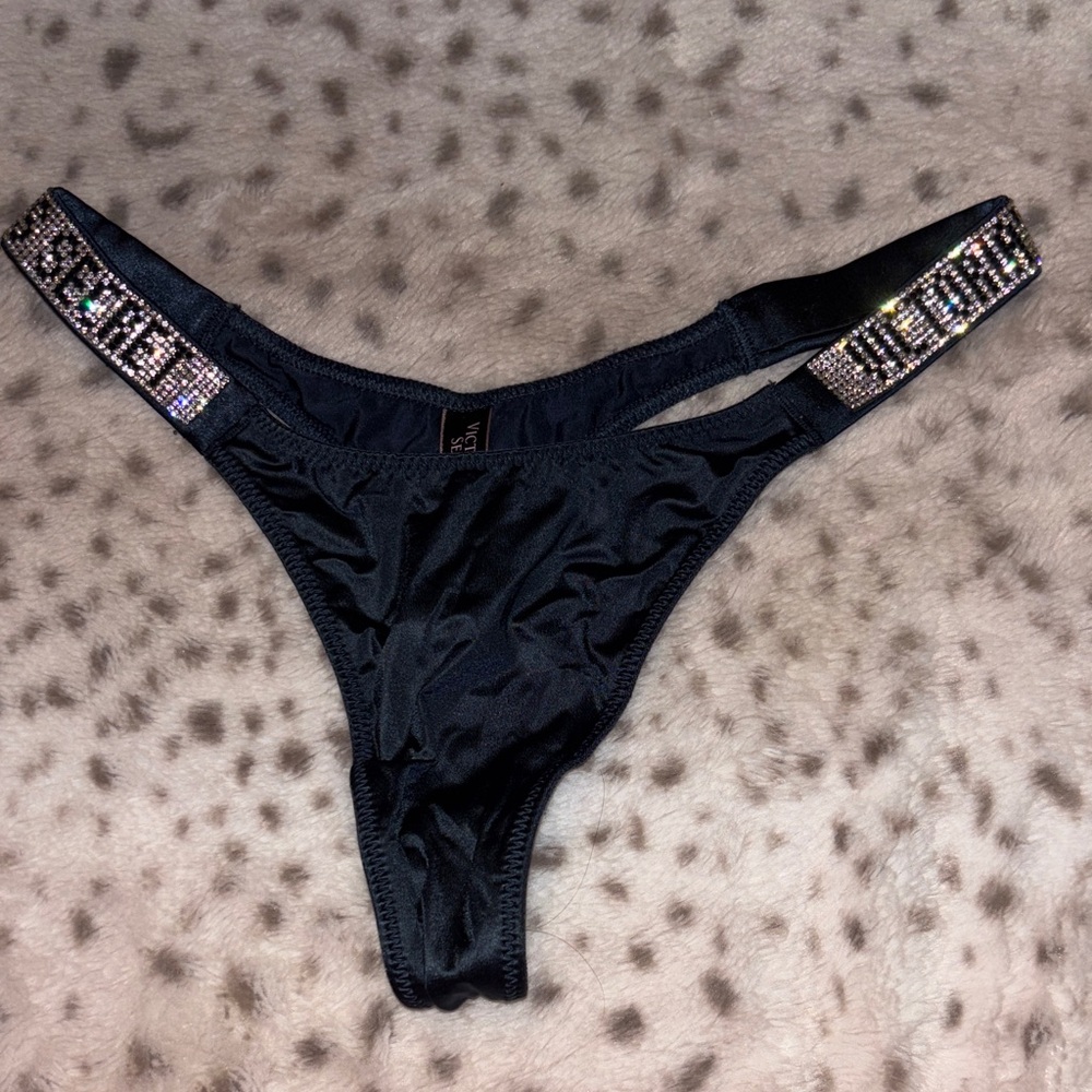 Victoria's Secret Black Rhinestone Strap navy blue  Thong Panty